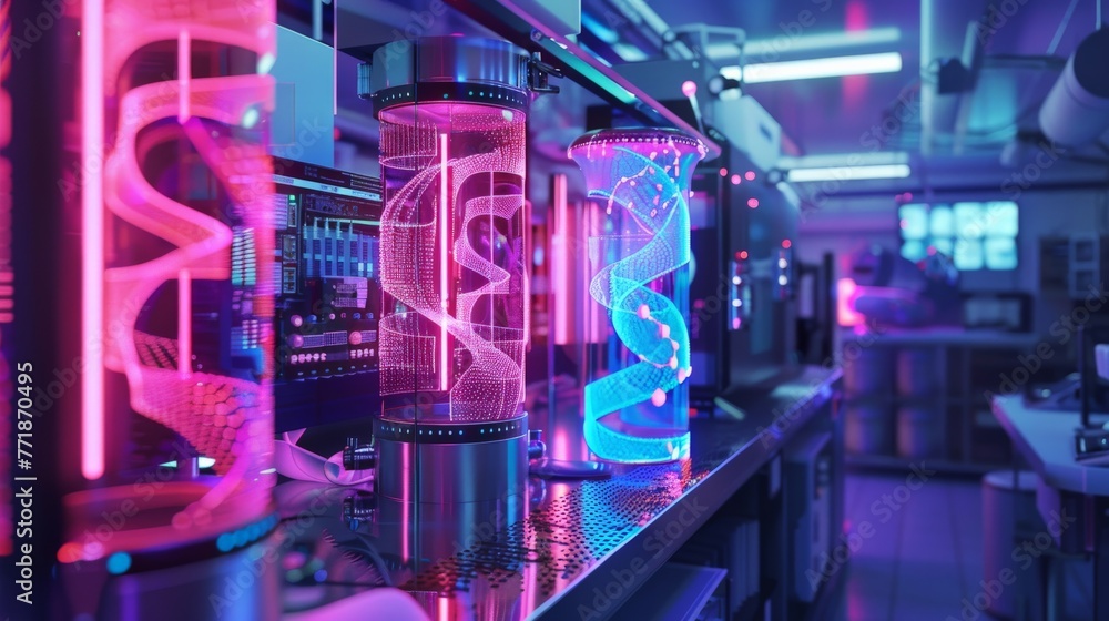 a state-of-the-art quantum computing core, illuminated by neon lights ...