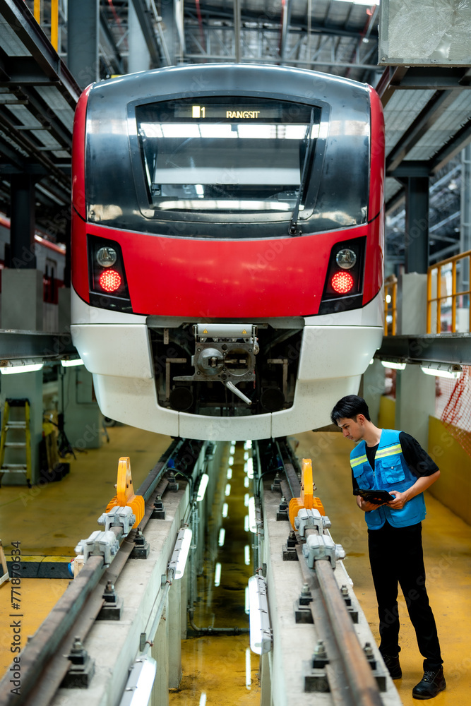 A focused technician with a tablet is inspecting a modern train in an industrial maintenance facility. A focused technician with a tablet is inspecting a modern train in an industrial maintenance facility.