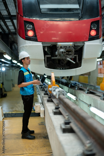 A focused technician with a tablet is inspecting a modern train in an industrial maintenance facility.