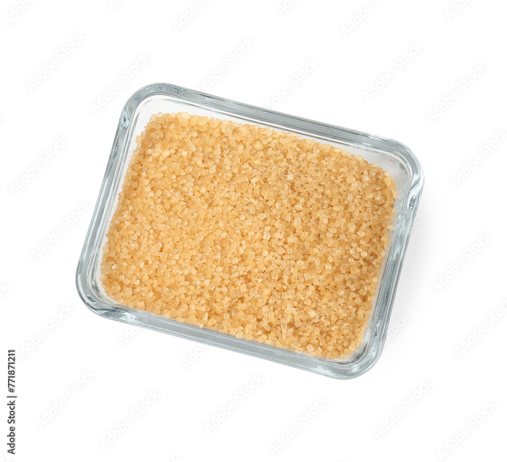 Brown sugar in glass bowl isolated on white, top view Brown sugar in glass bowl isolated on white, top view