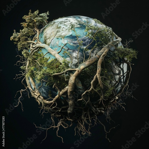 Earth embraced by plant roots in social media networks, global view, in an interconnected, ecoaware concept art,  photo