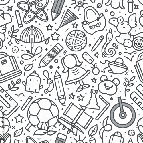 Funny seamless pattern with school supplies and creative elements