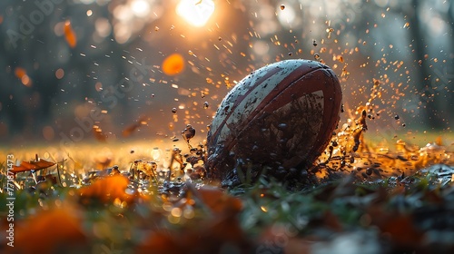 Focus sharply on the thunderous impact of a rugby ball hitting the ground, the turf erupting in a spray of grass and dirt.