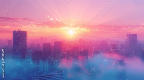 A panoramic skyline at dusk is painted with ethereal pastels