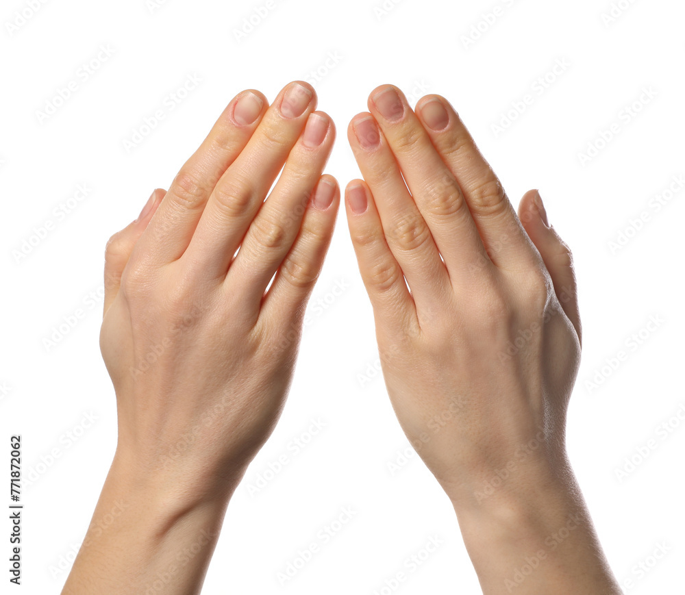 Religion. Woman with open palms praying on white background, closeup Religion. Woman with open palms praying on white background, closeup