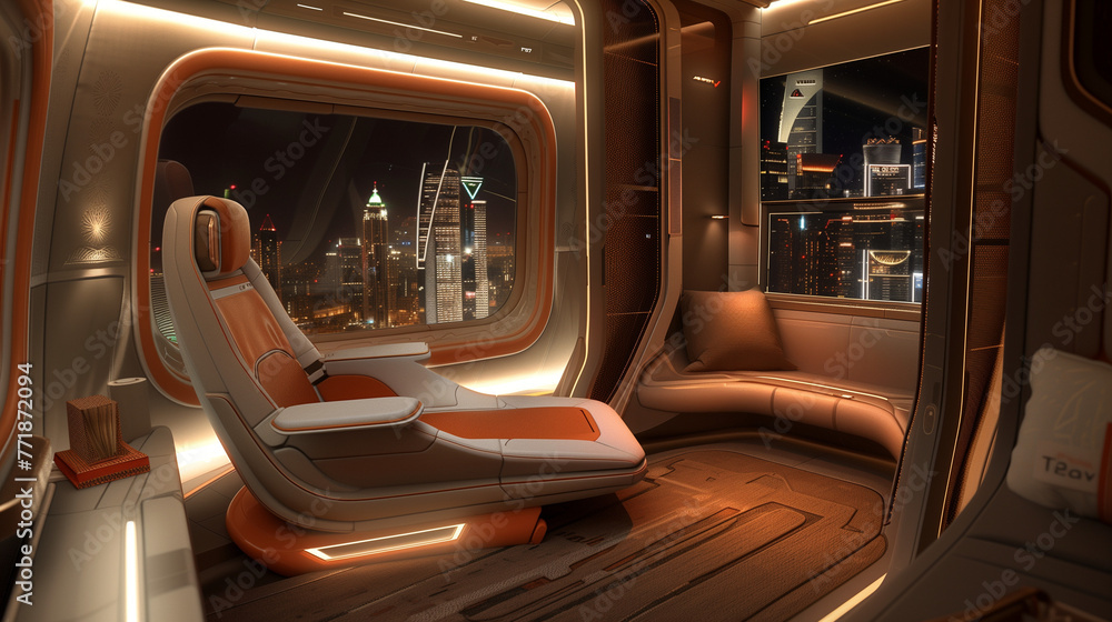 Luxury Spacecraft Cabin with Cityscape View Luxury Spacecraft Cabin with Cityscape View