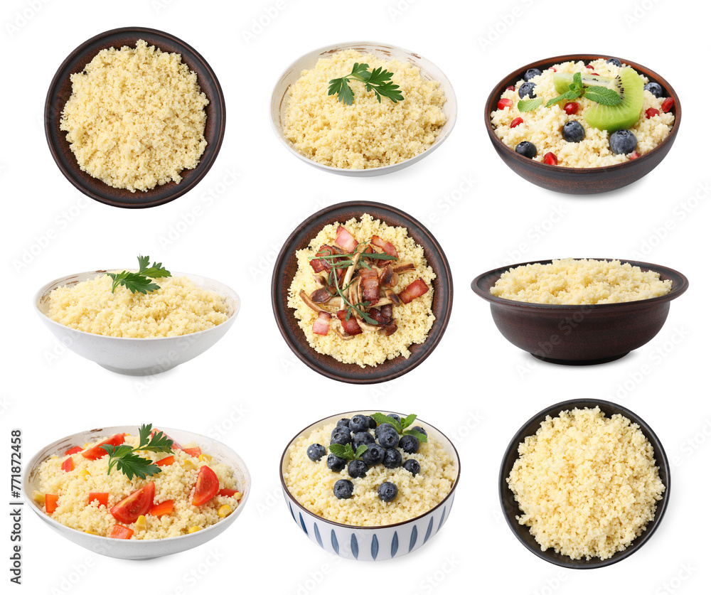 Tasty couscous in bowls isolated on white, set Tasty couscous in bowls isolated on white, set