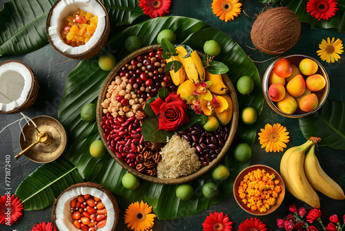 Assorted indian food set on dark background with flowers. Bowls and plates with different dishes of indian cuisine. Puja ceremony to worship. Diwali festival. Ugadi or Gudi Padwa celebration