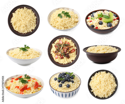 Tasty couscous in bowls isolated on white, set