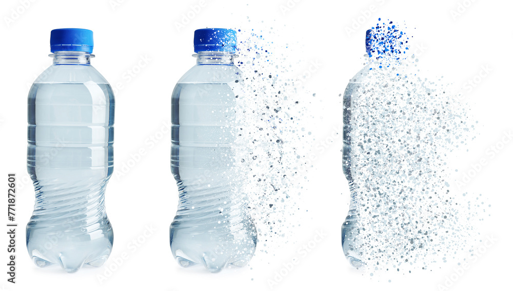 © New Africa - Bottle of water vanishing on white background, set. Plastic decomposition