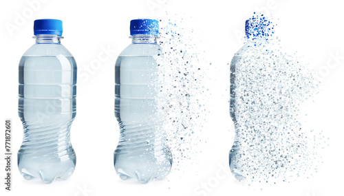Foto Bottle of water vanishing on white background, set