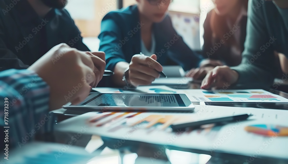 Diverse top managers hold a productive office conference, brainstorming and utilizing digital tools. Business partners strategize on financial reports and investments Diverse top managers hold a productive office conference, brainstorming and utilizing digital tools. Business partners strategize on financial reports and investments