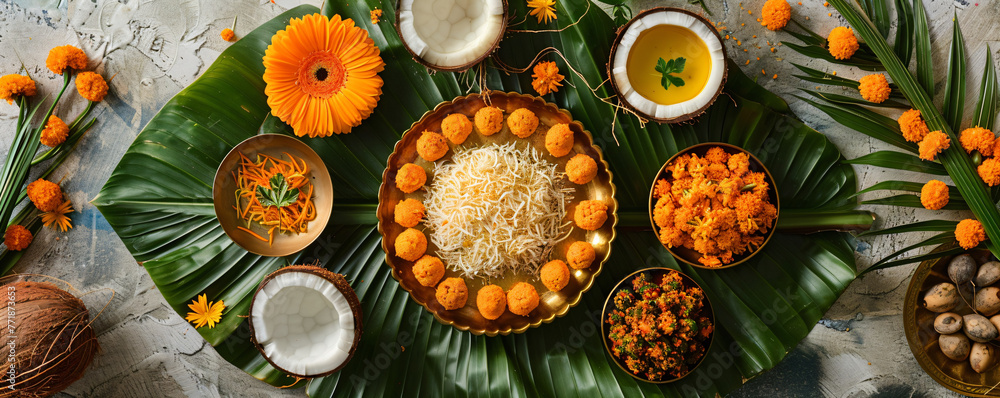 Assorted indian food set on light background with flowers and palm leaves. Bowls and plates with different dishes of indian cuisine. Puja ceremony to worship. Diwali festival. Ugadi or Gudi Padwa Assorted indian food set on light background with flowers and palm leaves. Bowls and plates with different dishes of indian cuisine. Puja ceremony to worship. Diwali festival. Ugadi or Gudi Padwa