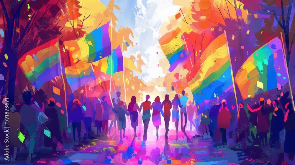 Depict a joyful LGBTQ pride parade. Celebrate love, acceptance, and the vibrant colors of the rainbow. Show people of all genders, orientations, and backgrounds marching together with pride flags. - obrazy, fototapety, plakaty 