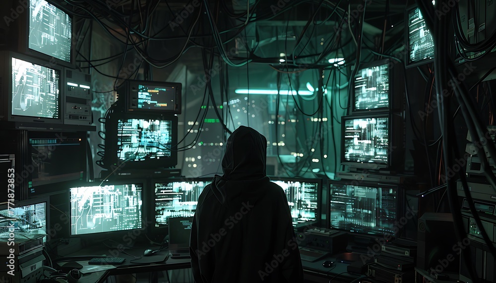 Hooded Hacker's Backshot Breach of Corporate Data Servers, with Multiple Screens and Tangled Cables