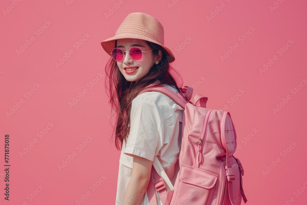 Happy young Asian female tourists wear beach hats, sunglasses and backpacks on holiday trips. Happy young Asian female tourists wear beach hats, sunglasses and backpacks on holiday trips.