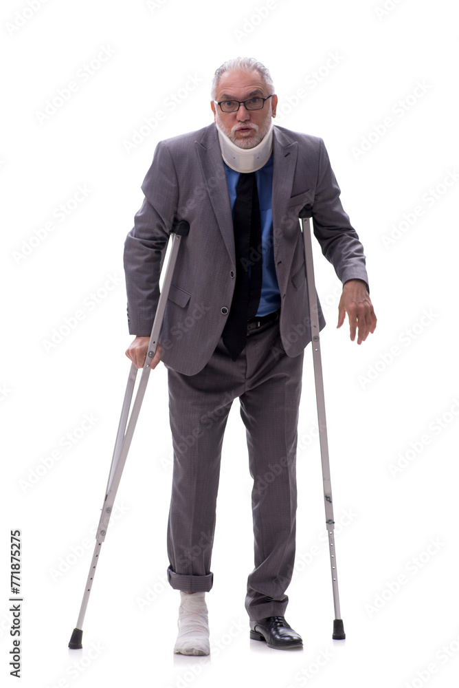 Old businessman after car accident isolated on white Old businessman after car accident isolated on white