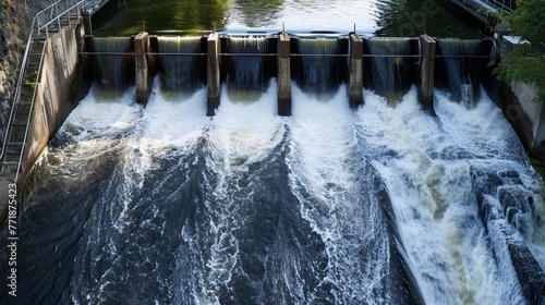 Vertical image of water cascading down a dam  a study in contrasts human control and the wildness of nature