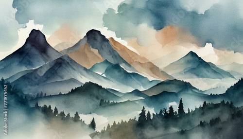 Beautiful layered mountain range watercolor with trees in the foreground © clsdesign