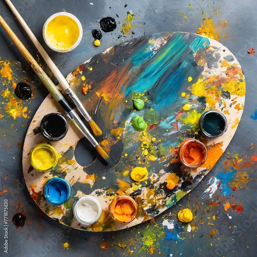 Colorful artist paint palette with bright paint and brushes photo