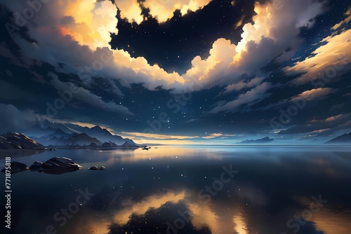 ゲーム背景壁紙風美しい夜空と明け方の雲を反射する水面湖