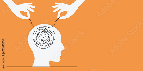 Psychologic therapy session concept with human head silhouette and helping hand unravels the tangle of messy thoughts with mental disorder, anxiety and confusion mind or stress.