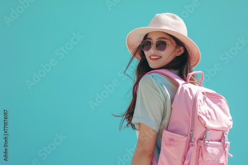 Happy young Asian female tourists wear beach hats, sunglasses and backpacks on holiday trips. © SHI