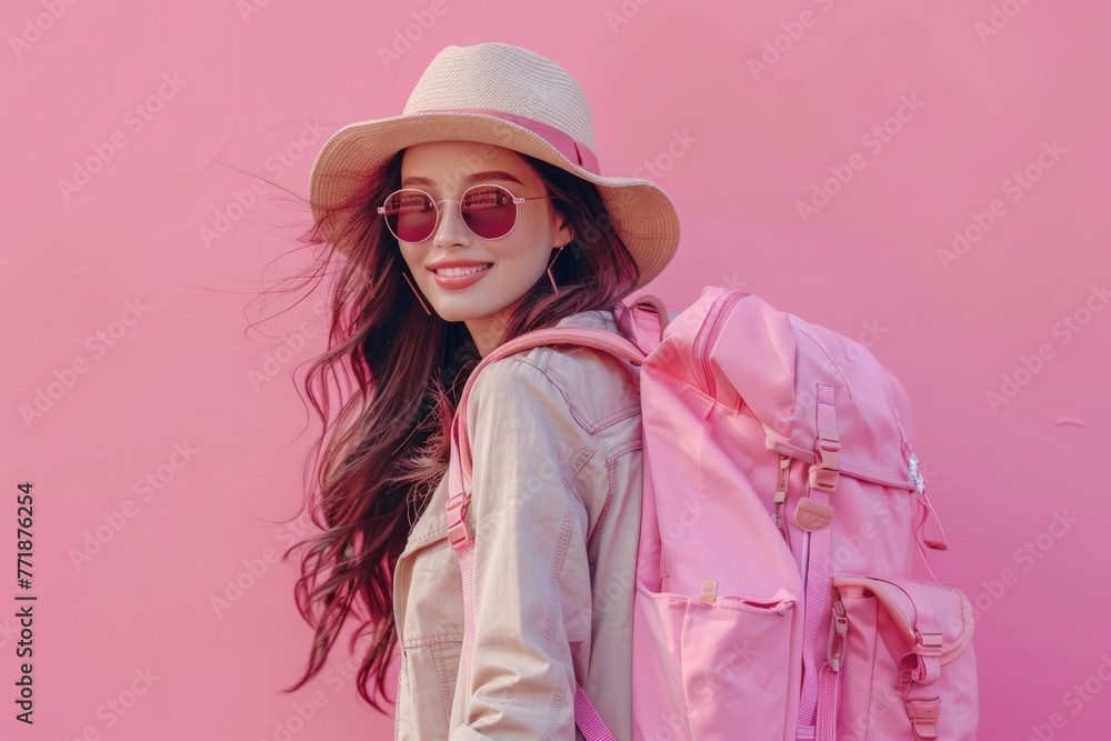 Happy young Asian female tourists wear beach hats, sunglasses and backpacks on holiday trips. Happy young Asian female tourists wear beach hats, sunglasses and backpacks on holiday trips.