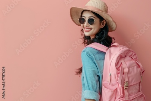 Happy young Asian female tourists wear beach hats, sunglasses and backpacks on holiday trips. © SHI