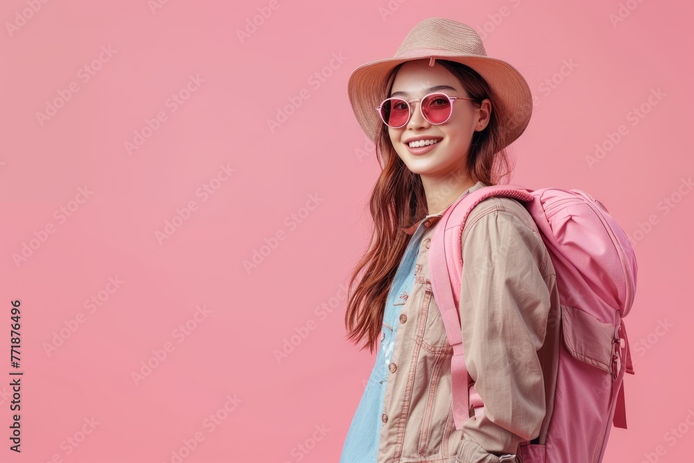 Happy young Asian female tourists wear beach hats, sunglasses and backpacks on holiday trips.