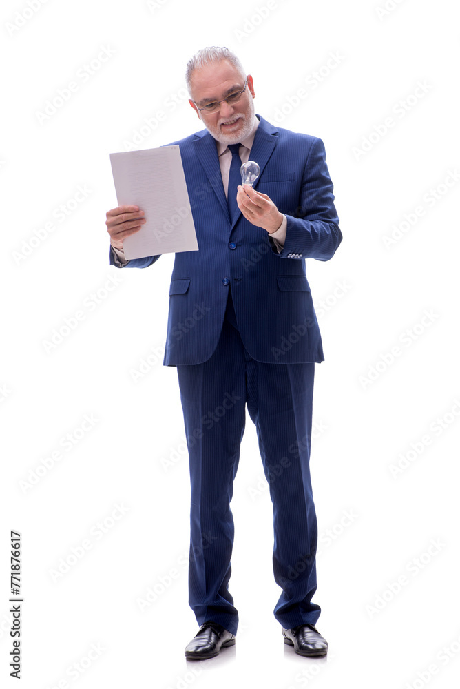 Old businessman in happy idea concept isolated on white Old businessman in happy idea concept isolated on white