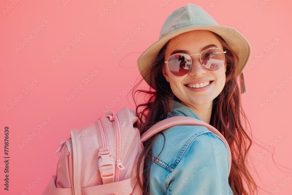 Happy young Asian female tourists wear beach hats, sunglasses and backpacks on holiday trips.