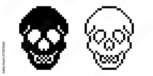front view pixel art human skull icon set isolated on white background