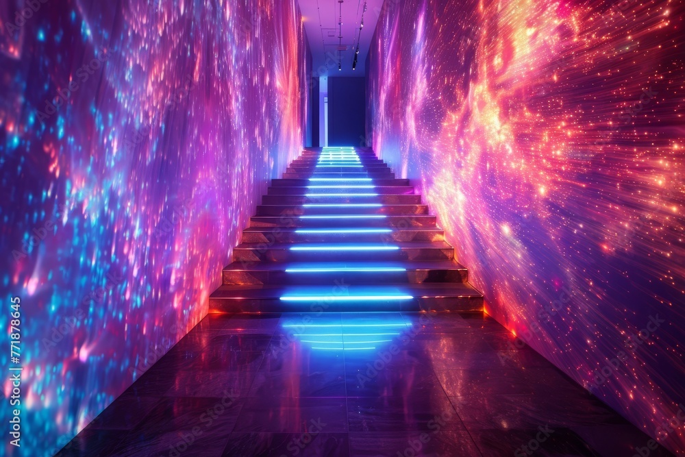 An art event showcasing vibrant colors such as purple, violet, and magenta, illuminating a hallway with stairs leading to a door surrounded by electric blue lights An art event showcasing vibrant colors such as purple, violet, and magenta, illuminating a hallway with stairs leading to a door surrounded by electric blue lights