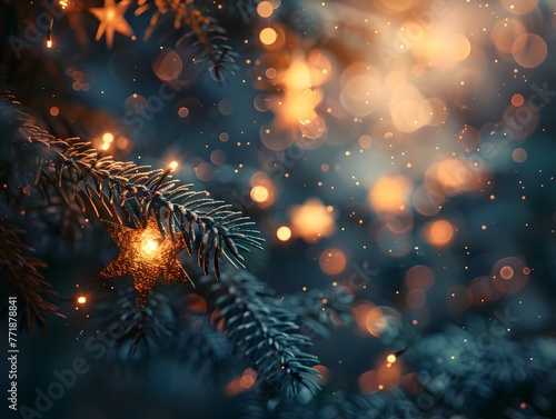 A single golden star ornament nestles among evergreen branches, bathed in the warm, soft glow of twinkling Christmas lights and gentle bokeh. © Chomphu