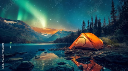 Set up a tent amidst the meadows by the river on a starry night with the Northern Lights. © jutarat
