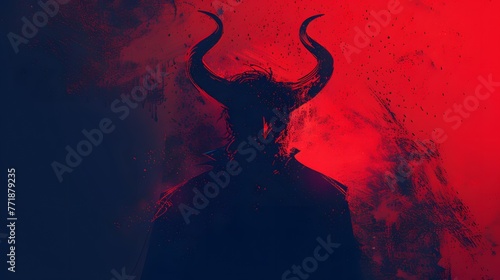 An ominous silhouette of a horned figure emerges against a blood-red backdrop, evoking a sense of mystery and foreboding in the shadows.