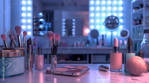 An intimate setting of a makeup vanity, detailed with brushes, lipsticks, and a glowing backdrop of ambient lights.