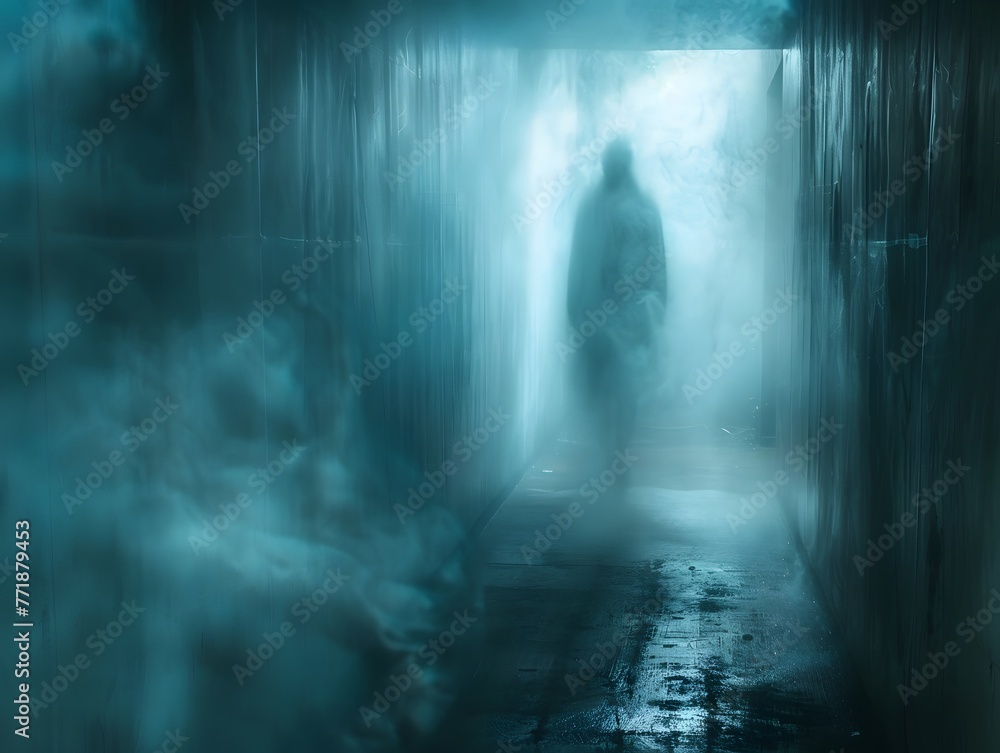 Amidst the swirling mists of a fog-filled hallway, a shadowy figure emerges, shrouded in mystery and suspense