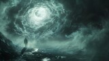 A lone figure approaches an enigmatic light vortex amidst swirling clouds and a dark, foreboding landscape.