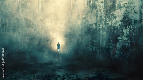 A lone figure walks towards a beckoning light at the end of a mist-shrouded corridor, creating a mysterious and cinematic scene.