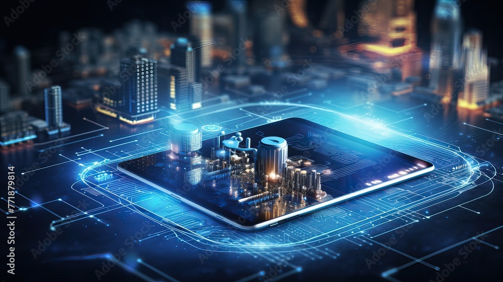 Illustrative design of technology and its application, with a background of multi-storey buildings and blue light. Illustrative design of technology and its application, with a background of multi-storey buildings and blue light.