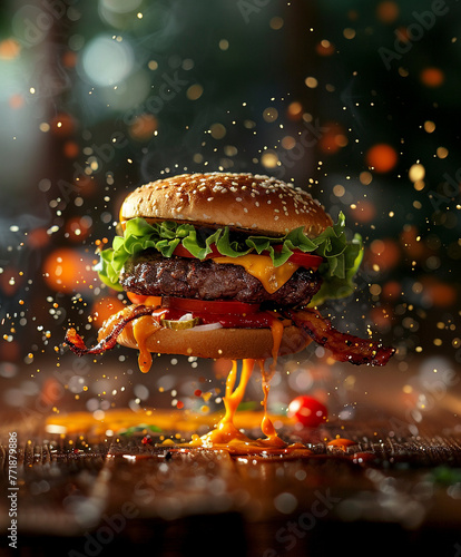 burger floating in the air, cinematic, food professional photography, studio lighting, modern restaurant background