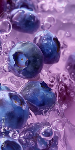 Close-up of fresh blueberries in water with bubbles. Summer refreshing concept.