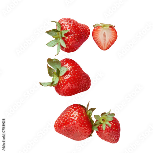Three strawberries on a transparent background, one sliced in half