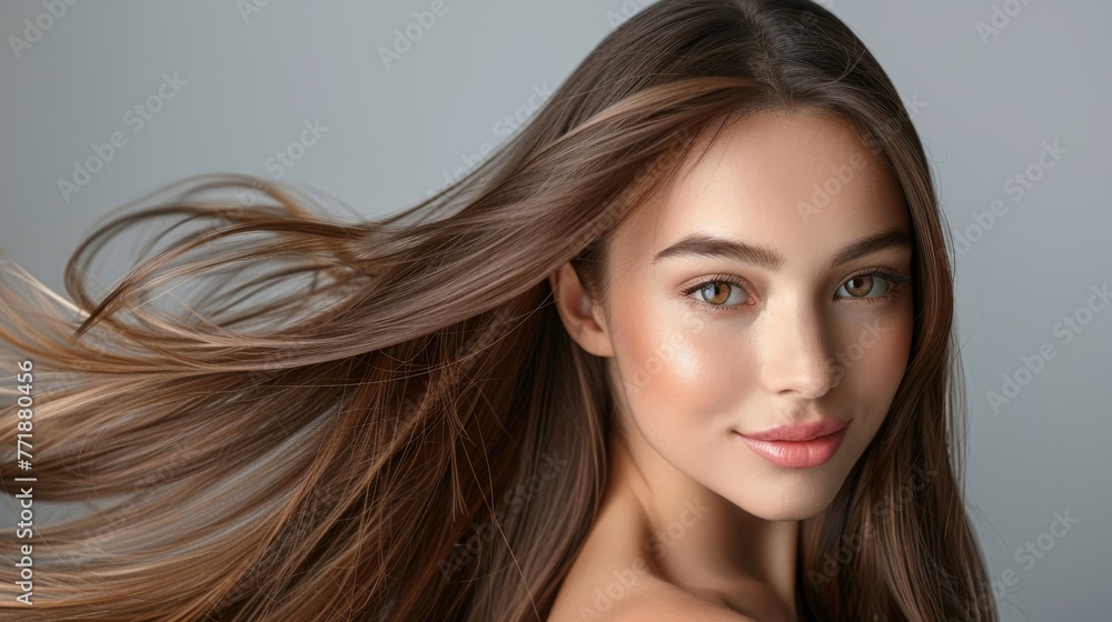 Fototapeta premium Portrait of a beautiful young woman with long straight shiny healthy brown hairs. Isolated on gray background, Model product of cosmetic shampoo and Hair Color.