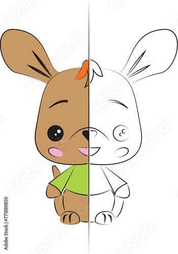 Kangaroo character coloring page for kids activity with exampe colors. Preschool activity pages for kids and toddlers. Kangaroo cute cahracter in doodle handdrawn style photo