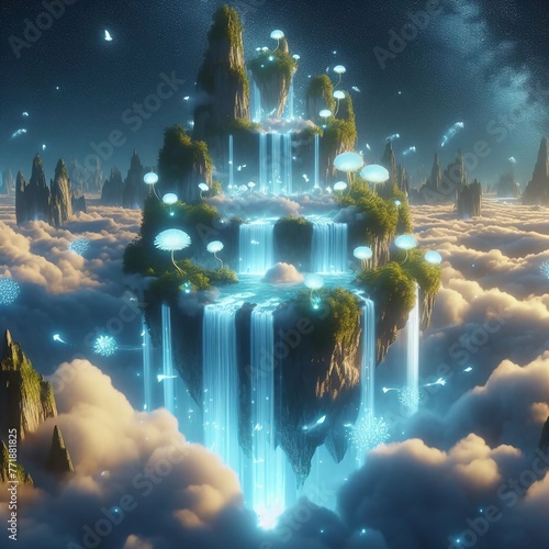  Waterfall on a Floating Island in the Clouds