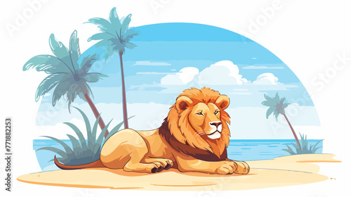 Lion sunbathing on the beach cute animal cartoon ch © Hyper