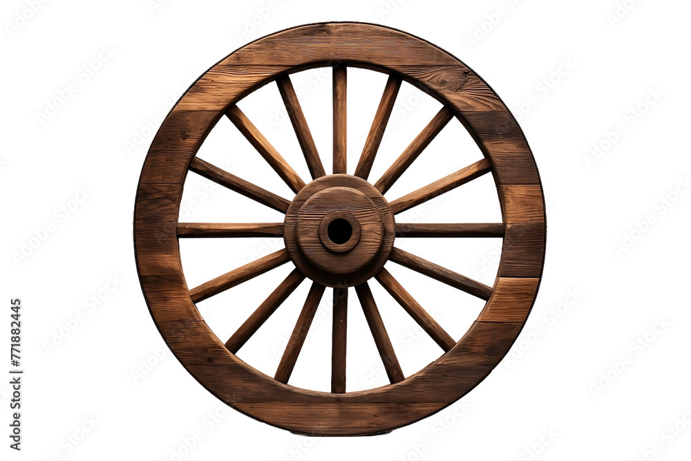 Rustic elegance: isolated antique wooden wheel. Isolated On Transparent Background OR PNG OR White Background.